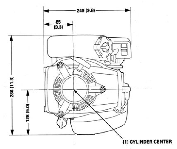 Front and side view of GXV50 engine, dimensions displayed for height and width