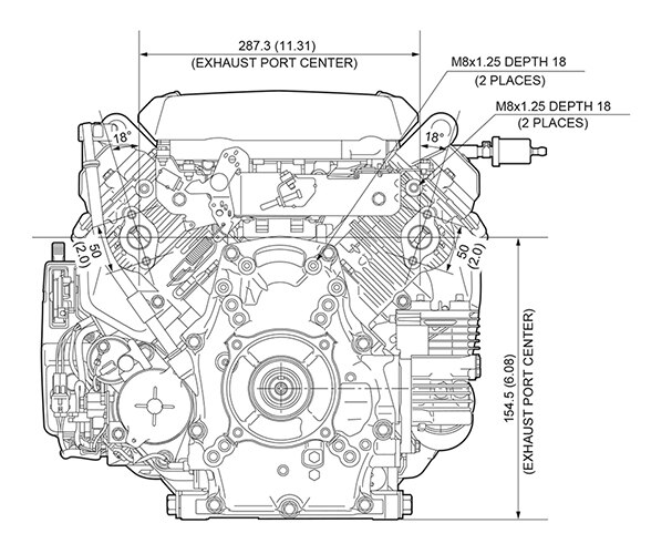 Front and side view of GX630 engine, dimensions displayed for height and width