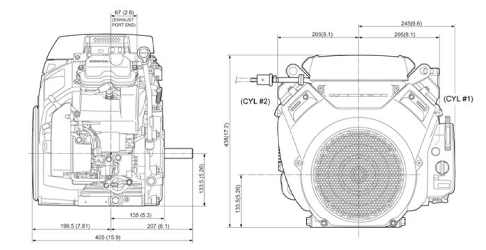 Front and side view of GX660 engine, dimensions displayed for height and width